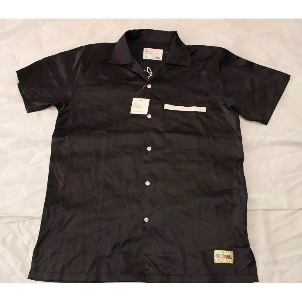 Men's EPTM. NWT Black Satin Button Front Top‎ Graphic Streetwear M Logo Skull